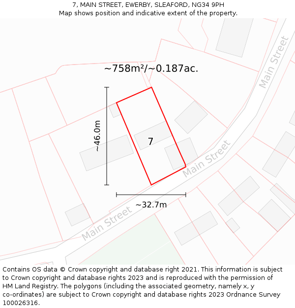 7, MAIN STREET, EWERBY, SLEAFORD, NG34 9PH: Plot and title map