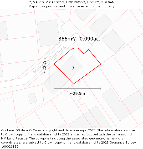 7, MALCOLM GARDENS, HOOKWOOD, HORLEY, RH6 0AN: Plot and title map