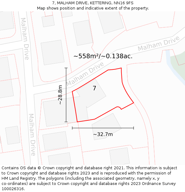 7, MALHAM DRIVE, KETTERING, NN16 9FS: Plot and title map