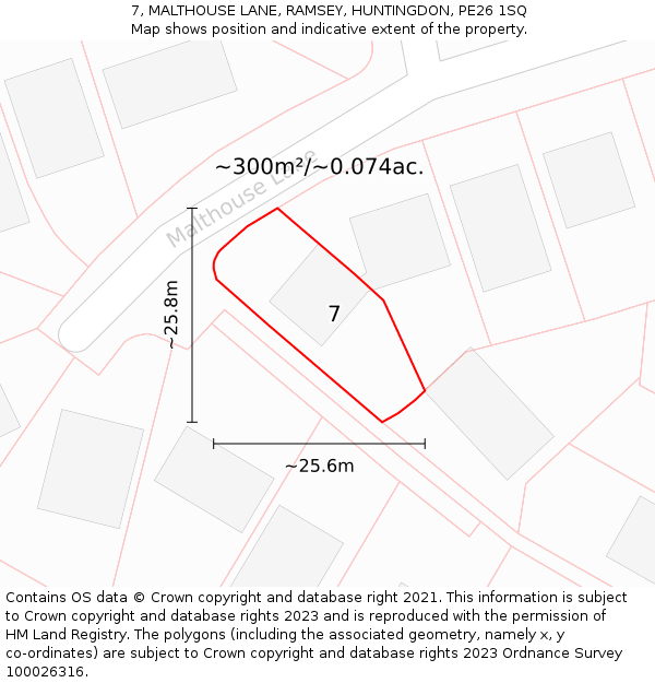 7, MALTHOUSE LANE, RAMSEY, HUNTINGDON, PE26 1SQ: Plot and title map