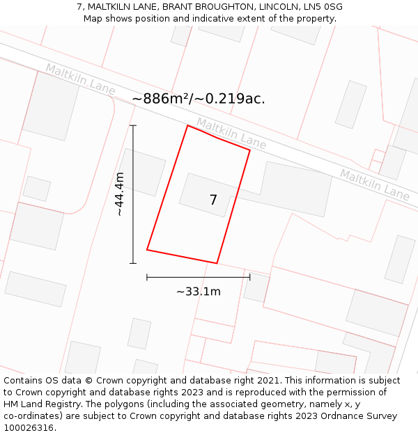 7, MALTKILN LANE, BRANT BROUGHTON, LINCOLN, LN5 0SG: Plot and title map