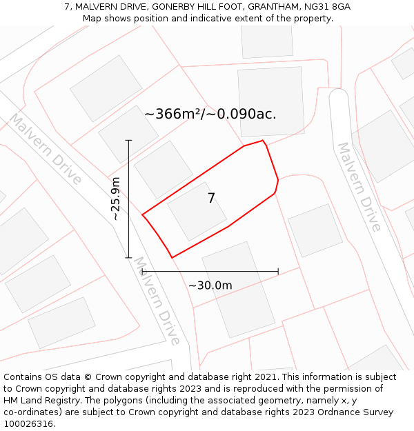 7, MALVERN DRIVE, GONERBY HILL FOOT, GRANTHAM, NG31 8GA: Plot and title map