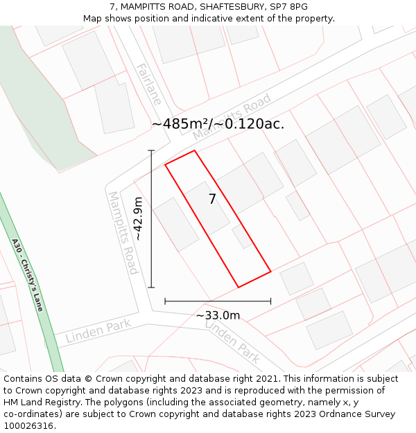 7, MAMPITTS ROAD, SHAFTESBURY, SP7 8PG: Plot and title map