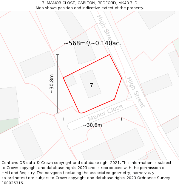 7, MANOR CLOSE, CARLTON, BEDFORD, MK43 7LD: Plot and title map