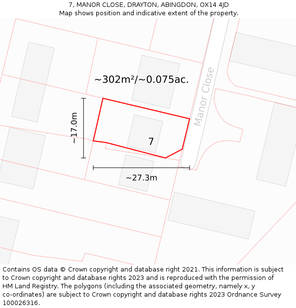 7, MANOR CLOSE, DRAYTON, ABINGDON, OX14 4JD: Plot and title map
