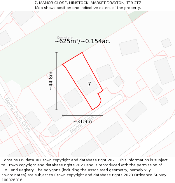 7, MANOR CLOSE, HINSTOCK, MARKET DRAYTON, TF9 2TZ: Plot and title map