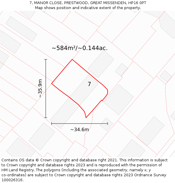 7, MANOR CLOSE, PRESTWOOD, GREAT MISSENDEN, HP16 0PT: Plot and title map