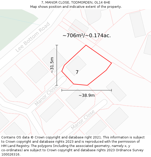 7, MANOR CLOSE, TODMORDEN, OL14 6HE: Plot and title map