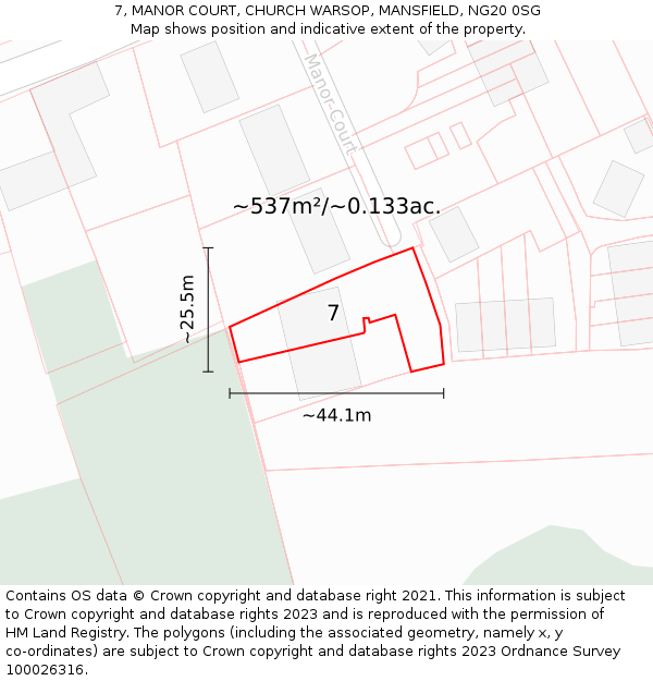 7, MANOR COURT, CHURCH WARSOP, MANSFIELD, NG20 0SG: Plot and title map