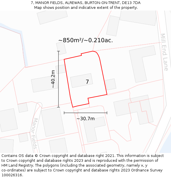 7, MANOR FIELDS, ALREWAS, BURTON-ON-TRENT, DE13 7DA: Plot and title map