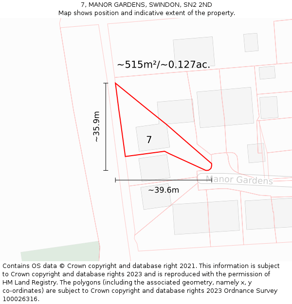 7, MANOR GARDENS, SWINDON, SN2 2ND: Plot and title map