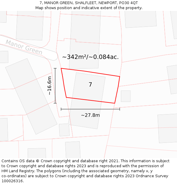 7, MANOR GREEN, SHALFLEET, NEWPORT, PO30 4QT: Plot and title map