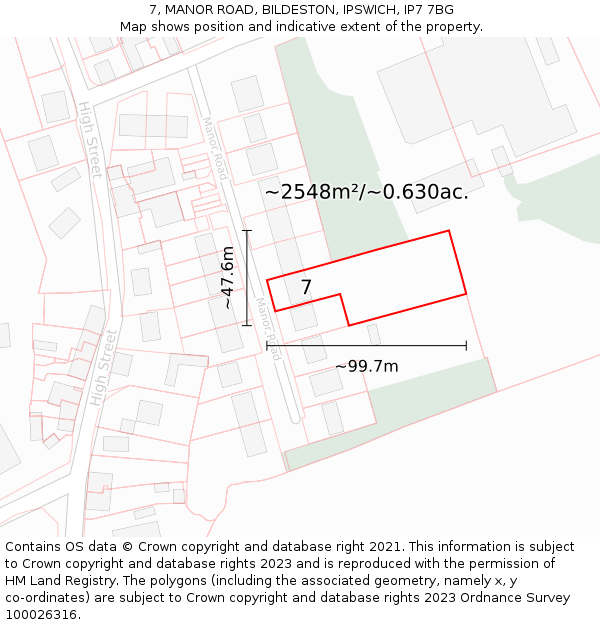 7, MANOR ROAD, BILDESTON, IPSWICH, IP7 7BG: Plot and title map