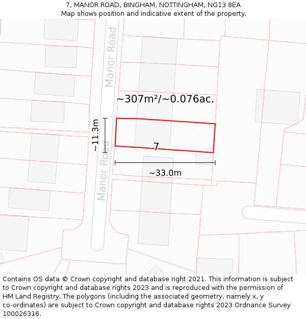 7, MANOR ROAD, BINGHAM, NOTTINGHAM, NG13 8EA: Plot and title map
