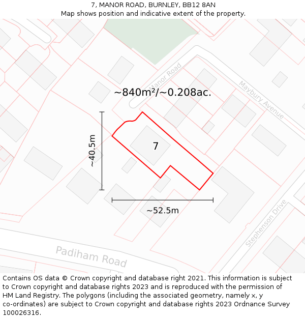 7, MANOR ROAD, BURNLEY, BB12 8AN: Plot and title map