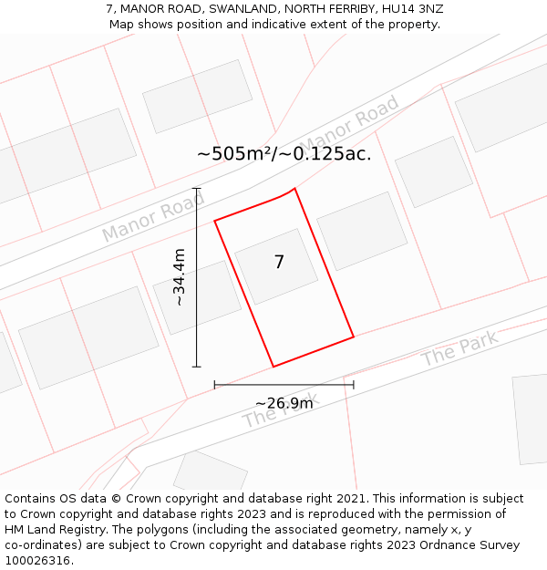 7, MANOR ROAD, SWANLAND, NORTH FERRIBY, HU14 3NZ: Plot and title map