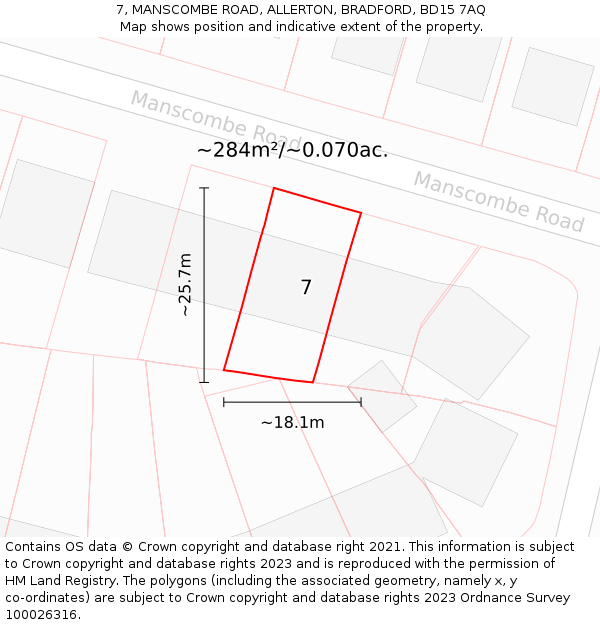 7, MANSCOMBE ROAD, ALLERTON, BRADFORD, BD15 7AQ: Plot and title map