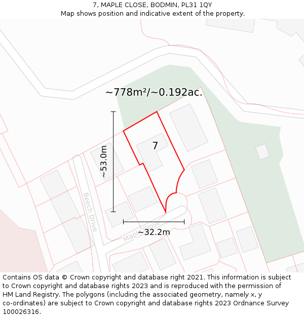 7, MAPLE CLOSE, BODMIN, PL31 1QY: Plot and title map