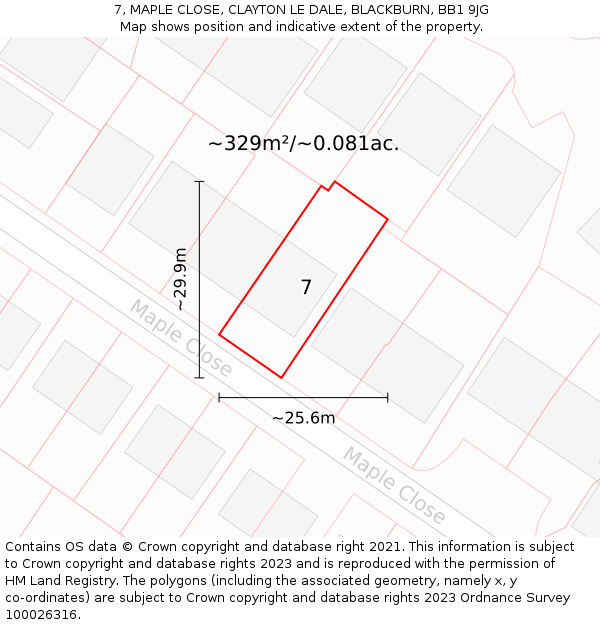 7, MAPLE CLOSE, CLAYTON LE DALE, BLACKBURN, BB1 9JG: Plot and title map