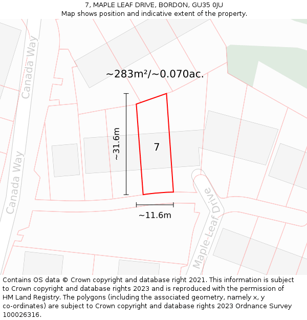 7, MAPLE LEAF DRIVE, BORDON, GU35 0JU: Plot and title map