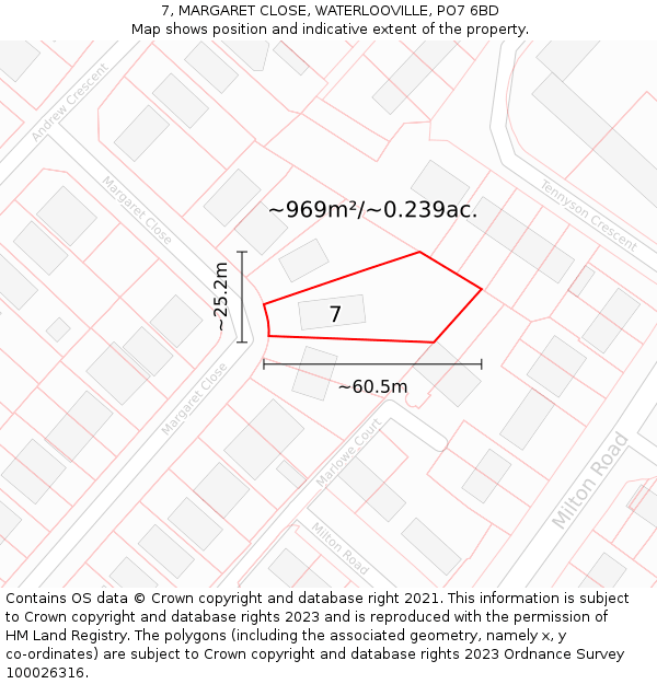 7, MARGARET CLOSE, WATERLOOVILLE, PO7 6BD: Plot and title map