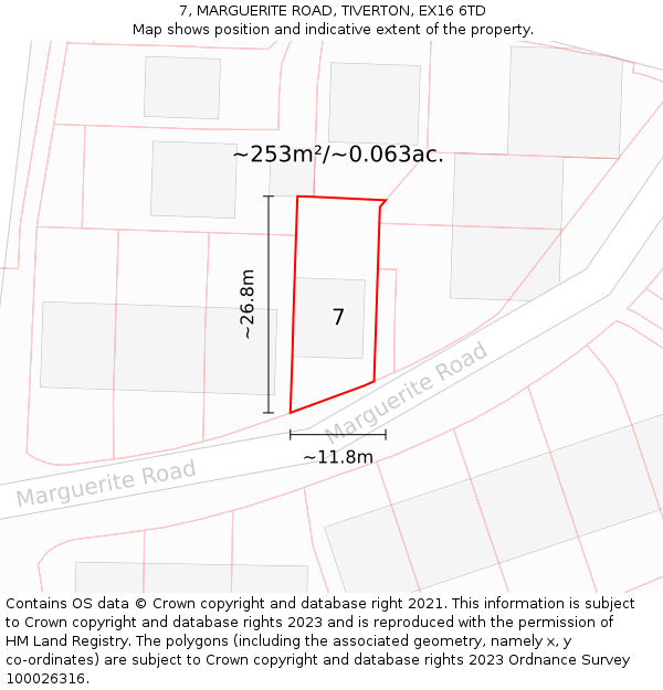 7, MARGUERITE ROAD, TIVERTON, EX16 6TD: Plot and title map