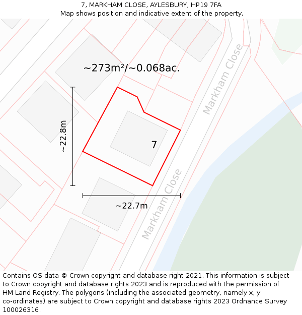 7, MARKHAM CLOSE, AYLESBURY, HP19 7FA: Plot and title map