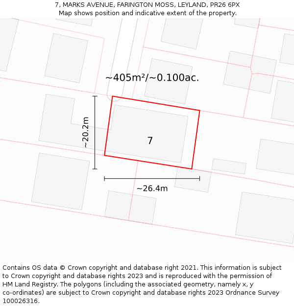 7, MARKS AVENUE, FARINGTON MOSS, LEYLAND, PR26 6PX: Plot and title map