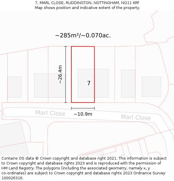 7, MARL CLOSE, RUDDINGTON, NOTTINGHAM, NG11 6RF: Plot and title map