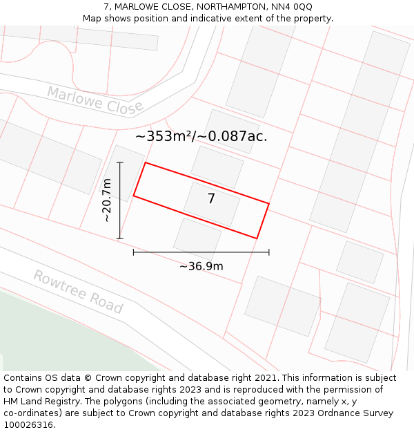 7, MARLOWE CLOSE, NORTHAMPTON, NN4 0QQ: Plot and title map