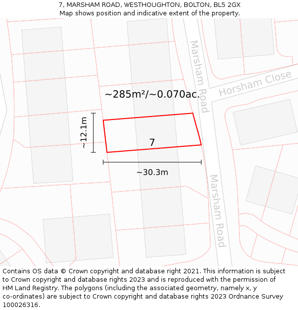 7, MARSHAM ROAD, WESTHOUGHTON, BOLTON, BL5 2GX: Plot and title map