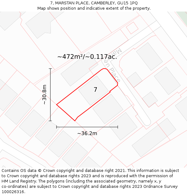 7, MARSTAN PLACE, CAMBERLEY, GU15 1PQ: Plot and title map