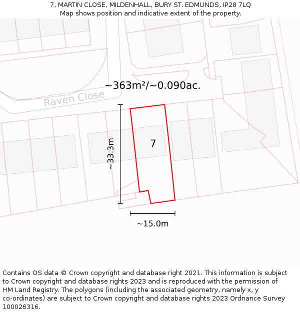 7, MARTIN CLOSE, MILDENHALL, BURY ST. EDMUNDS, IP28 7LQ: Plot and title map