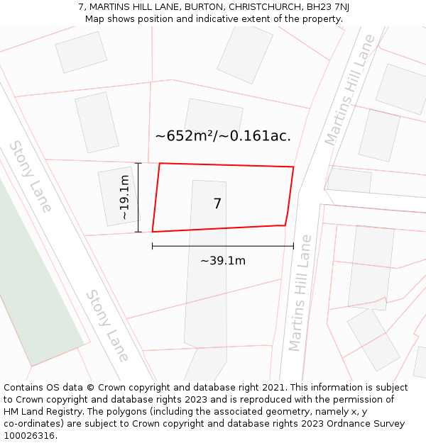 7, MARTINS HILL LANE, BURTON, CHRISTCHURCH, BH23 7NJ: Plot and title map