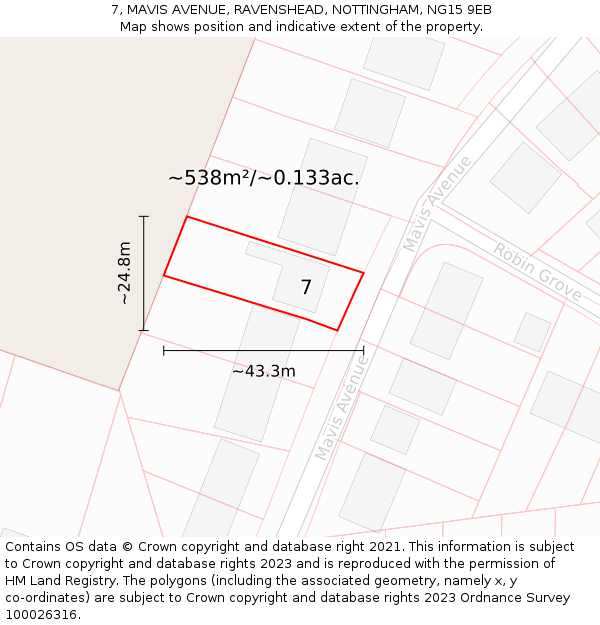 7, MAVIS AVENUE, RAVENSHEAD, NOTTINGHAM, NG15 9EB: Plot and title map