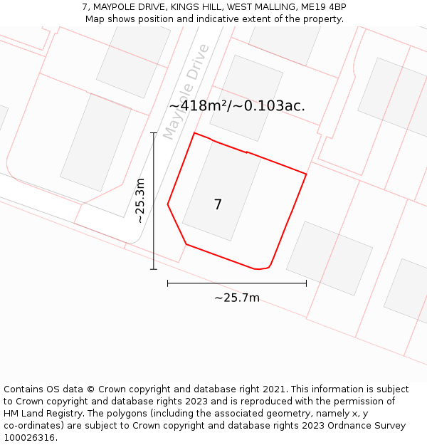 7, MAYPOLE DRIVE, KINGS HILL, WEST MALLING, ME19 4BP: Plot and title map