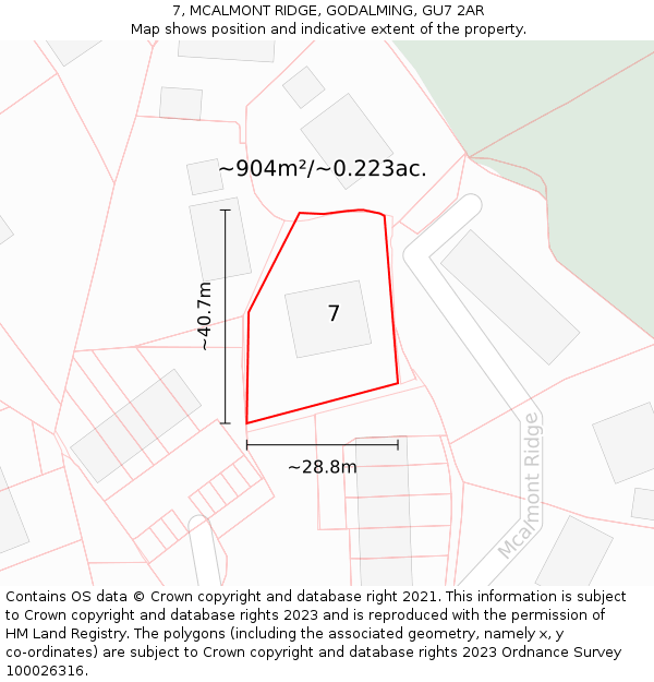 7, MCALMONT RIDGE, GODALMING, GU7 2AR: Plot and title map