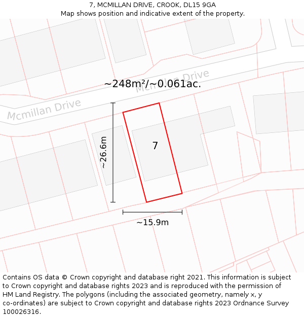 7, MCMILLAN DRIVE, CROOK, DL15 9GA: Plot and title map