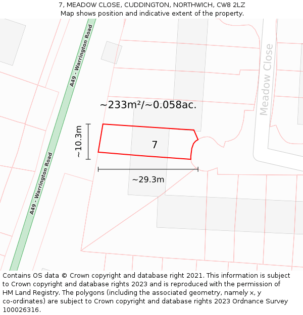 7, MEADOW CLOSE, CUDDINGTON, NORTHWICH, CW8 2LZ: Plot and title map