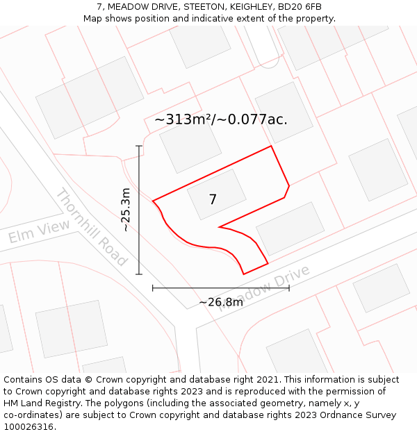 7, MEADOW DRIVE, STEETON, KEIGHLEY, BD20 6FB: Plot and title map