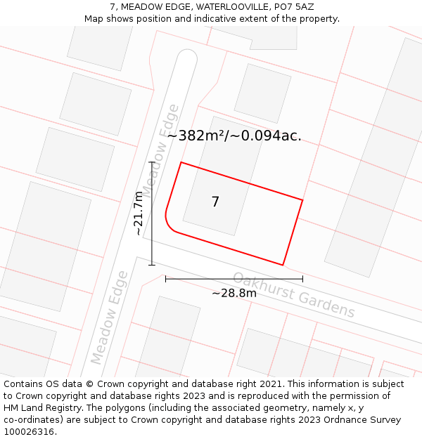 7, MEADOW EDGE, WATERLOOVILLE, PO7 5AZ: Plot and title map