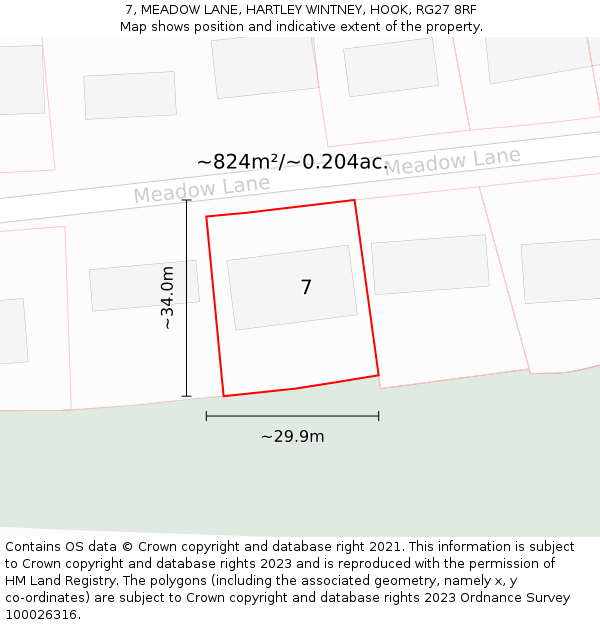 7, MEADOW LANE, HARTLEY WINTNEY, HOOK, RG27 8RF: Plot and title map