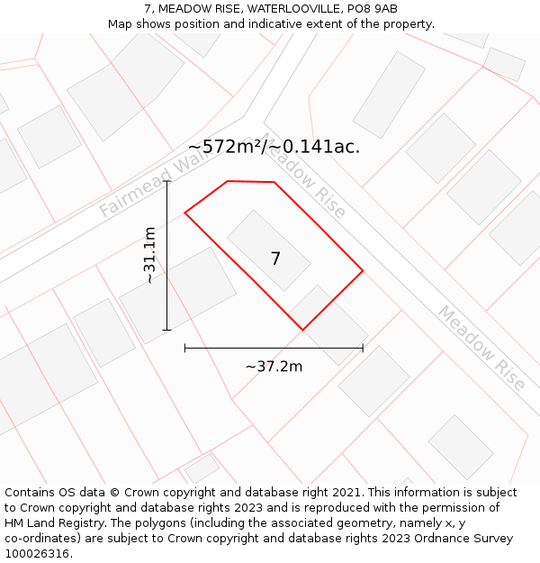 7, MEADOW RISE, WATERLOOVILLE, PO8 9AB: Plot and title map