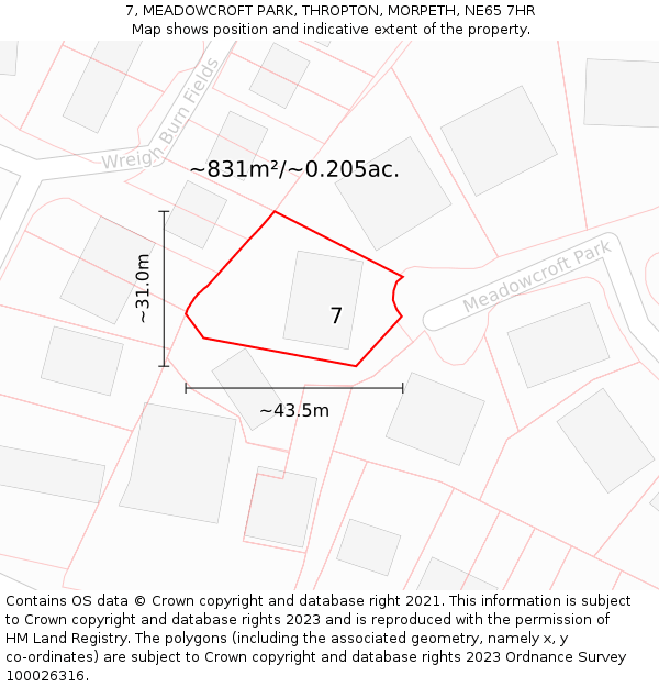 7, MEADOWCROFT PARK, THROPTON, MORPETH, NE65 7HR: Plot and title map