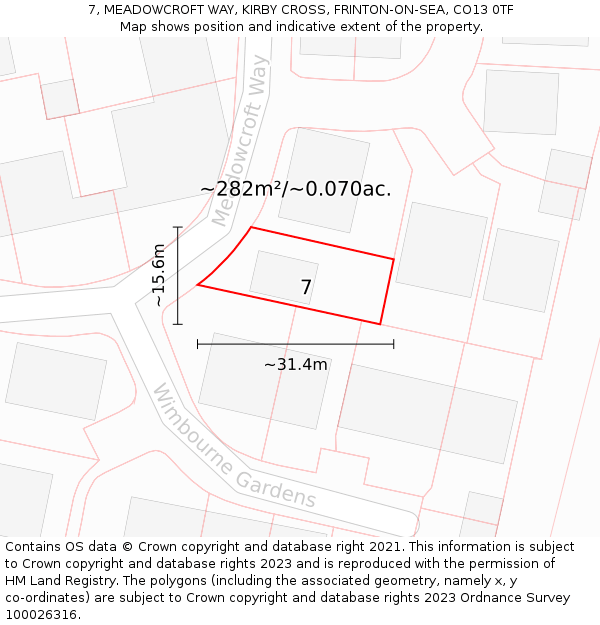 7, MEADOWCROFT WAY, KIRBY CROSS, FRINTON-ON-SEA, CO13 0TF: Plot and title map