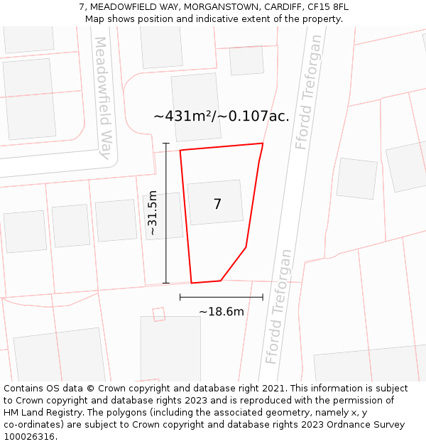 7, MEADOWFIELD WAY, MORGANSTOWN, CARDIFF, CF15 8FL: Plot and title map