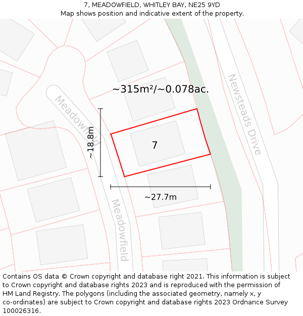 7, MEADOWFIELD, WHITLEY BAY, NE25 9YD: Plot and title map