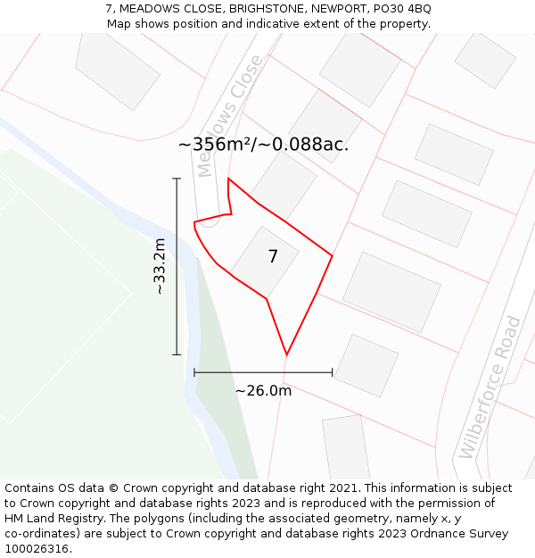 7, MEADOWS CLOSE, BRIGHSTONE, NEWPORT, PO30 4BQ: Plot and title map