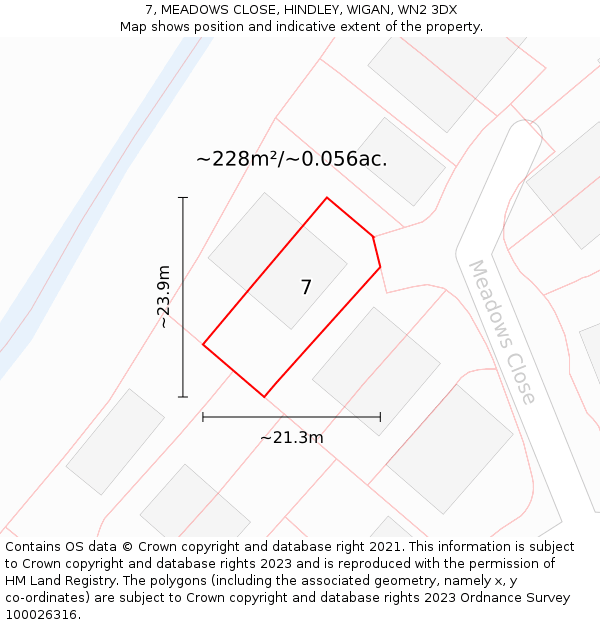 7, MEADOWS CLOSE, HINDLEY, WIGAN, WN2 3DX: Plot and title map