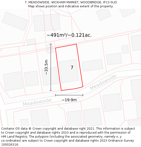 7, MEADOWSIDE, WICKHAM MARKET, WOODBRIDGE, IP13 0UD: Plot and title map